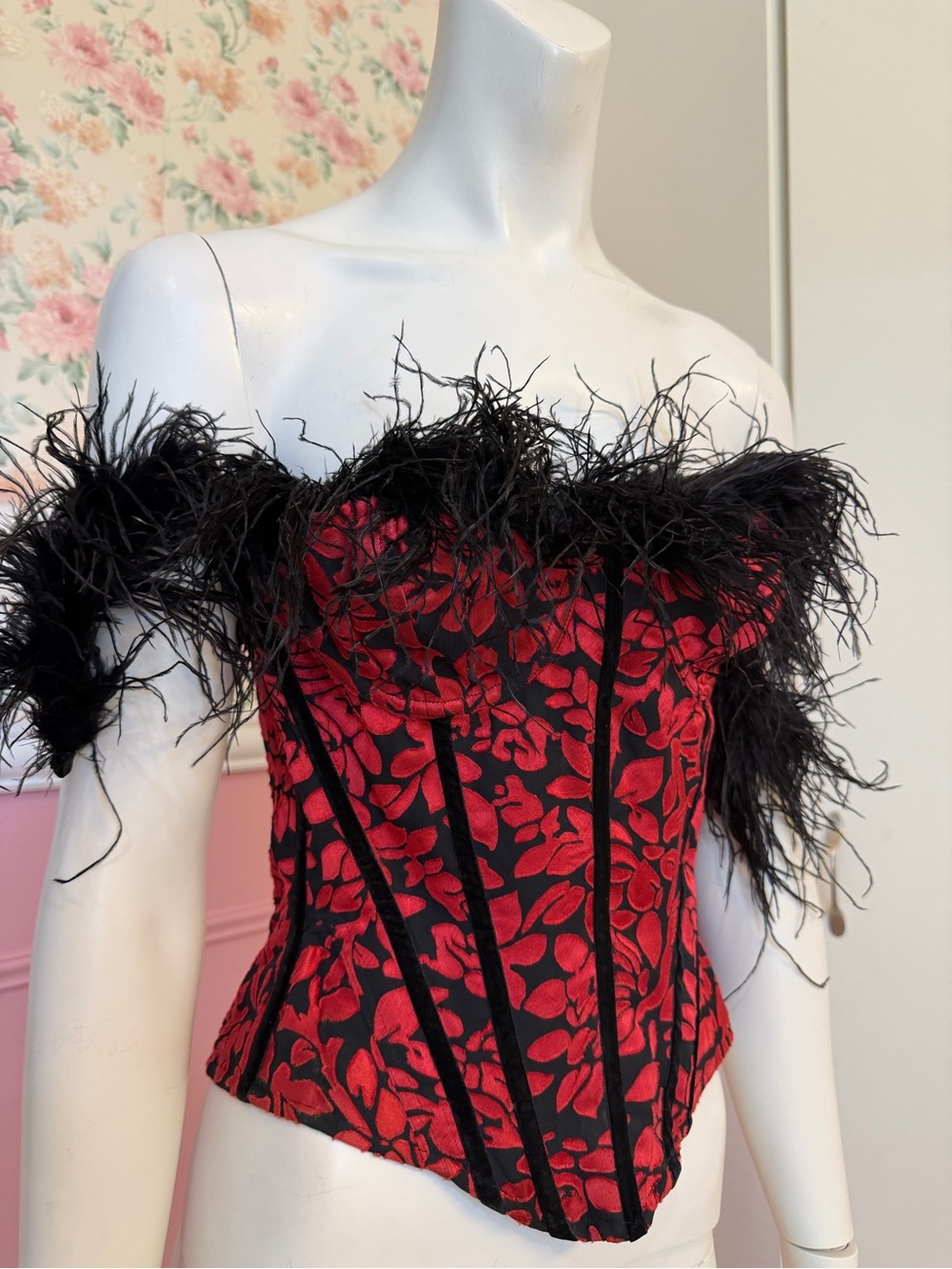 Frederick's of Hollywood Red and Black Feather-Trim Bustier Bodysuit